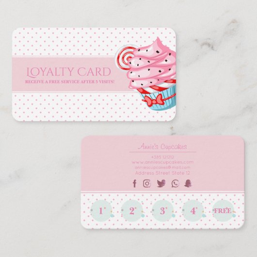 Roze poka-stippen cupcake schattig klantenkaartje (Voorkant / Achterkant)