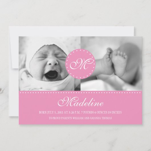 Roze pokadot met monogram geboorteaankondiging aankondiging (Voorkant)