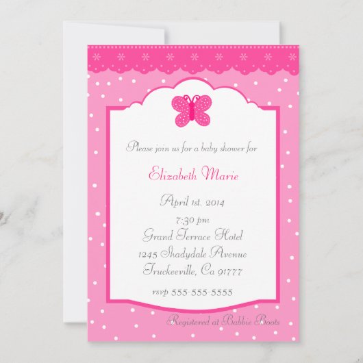 Roze poladot en Butterfly Baby shower Kaart (Voorkant)