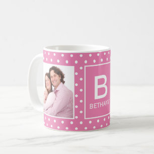 Roze polaire dot Aangepaste foto-monogram koffie M Koffiemok