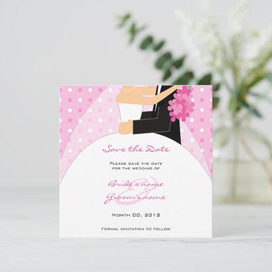 Roze polaire dot bride en Groom sparen de Kaarten  (Staand voorkant)