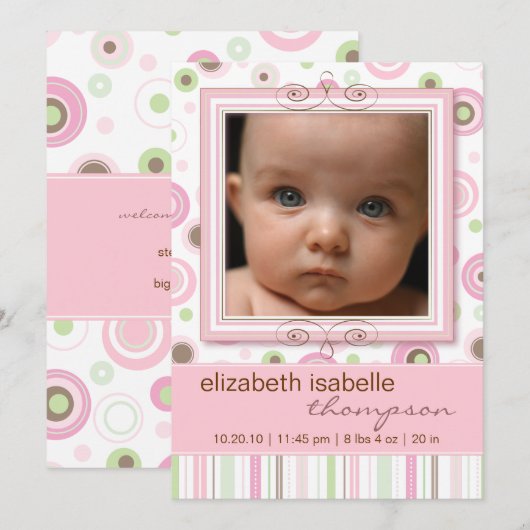  roze polaire dot & Stripes Baby Aankondiging (Voorkant / Achterkant)