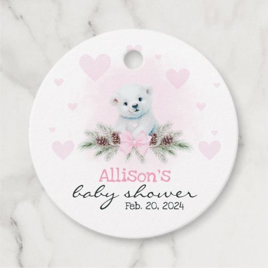 Roze Polar Beer Cub Meisje Harten Winter Baby show Bedankjes Labels (Voorkant)