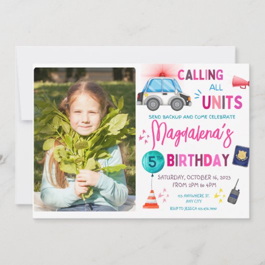 Roze politiemeisje Birthday Party Kaart (Voorkant)