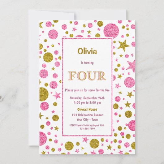 Roze Polka Dot 4e Verjaardagsfeestje Kaart (Voorkant)