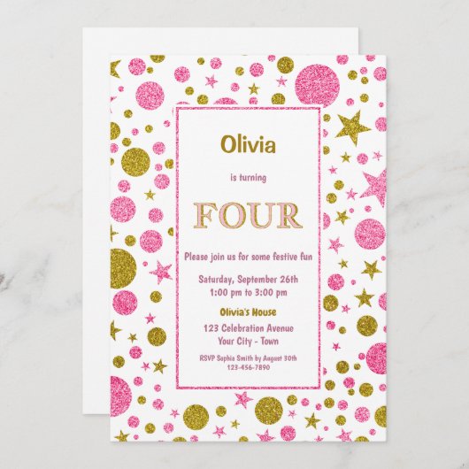 Roze Polka Dot 4e Verjaardagsfeestje Kaart (Voorkant / Achterkant)