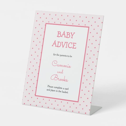 Roze polka dot baby advies tabel teken reclamebord met voetstuk (Voorkant)