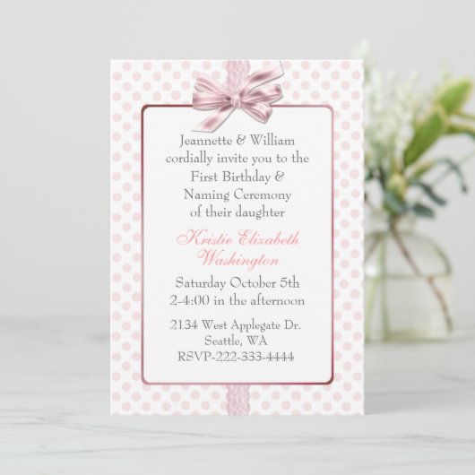 Roze Polka Dot Baby's Birthday en Naming Ceremonie Kaart (Staand voorkant)
