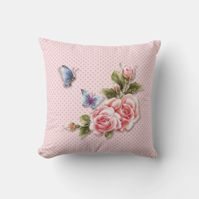 Roze Polka Dot Butterfly Rozen Kussen (Voorkant)