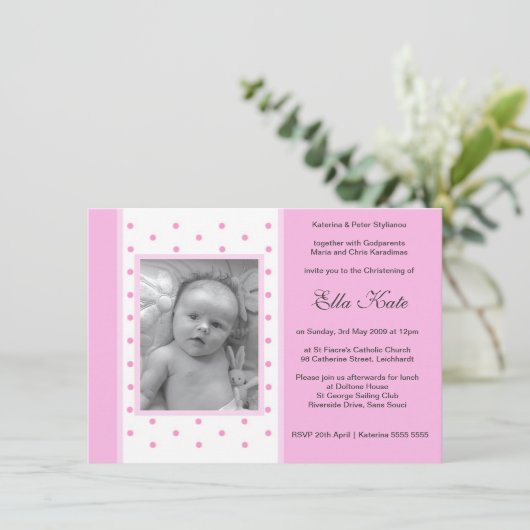 Roze Polka Dot Christening Uitnodigingen (Staand voorkant)