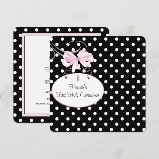 Roze Polka Dot Cross Girls Eerste Communie Kaart (Voorkant / Achterkant)
