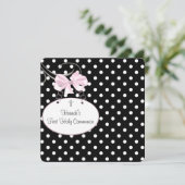 Roze Polka Dot Cross Girls Eerste Communie Kaart (Staand voorkant)