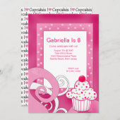Roze, Polka Dot, Cupcake Birthday Party Invitation Kaart (Voorkant / Achterkant)