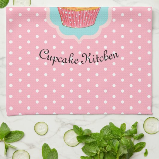 Roze Polka Dot Cupcake Keuken Gepersonaliseerd Theedoek (Gevouwen)