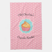 Roze Polka Dot Cupcake Keuken Gepersonaliseerd Theedoek (Verticaal)