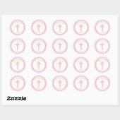 Roze Polka Dot Doop met Kruis en Gouden Rand Ronde Sticker (Vel)