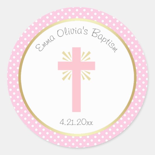 Roze Polka Dot Doop met Kruis en Gouden Rand Ronde Sticker (Voorkant)