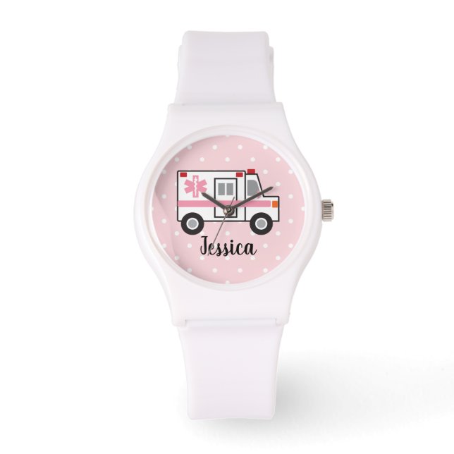 Roze Polka Dot EMT Paramedisch horloge voor haar (Voorkant)