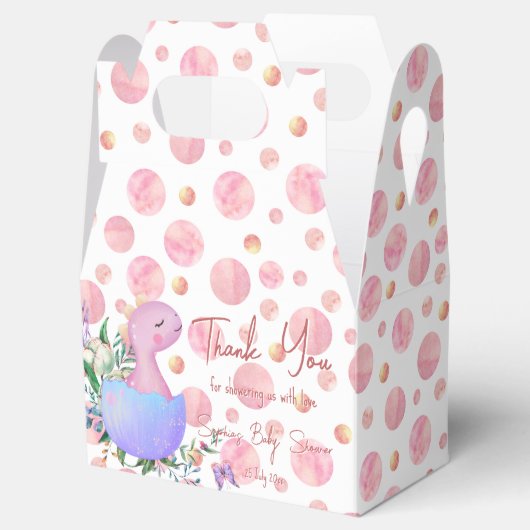Roze polka dot hatende baby dinosaurus gepersonali bedankdoosjes (Geopend)