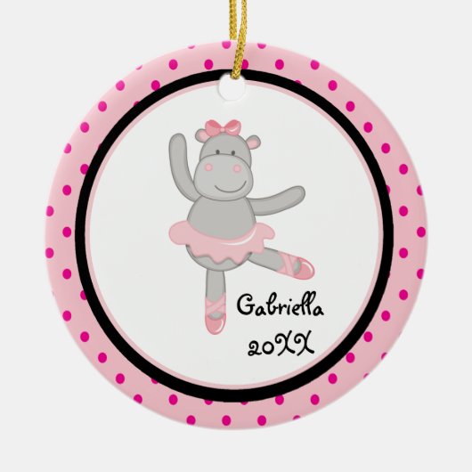 Roze Polka Dot Hippo Ballerina kerstversiering Keramisch Ornament (Voorkant)