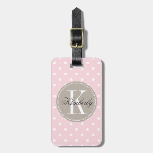 Roze Polka Dot met Taupe Monogram Bagagelabel (Voorkant verticaal)