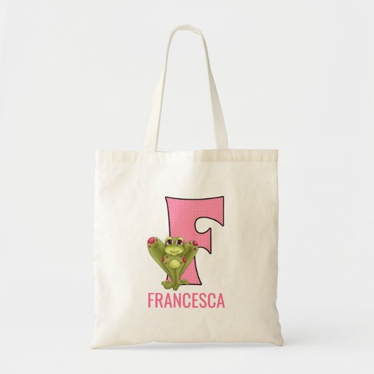 Roze Polka Dot Monogram F met een Cute Frog Tote Bag (Voorkant)