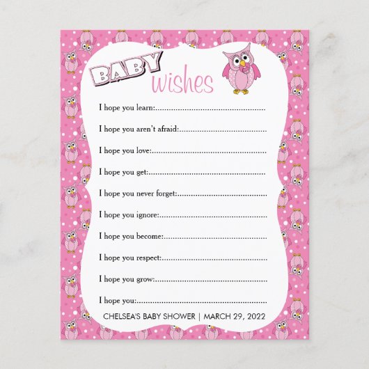 Roze Polka Dot Owl Baby shower Theme Baby Wishes Flyer (Voorkant)