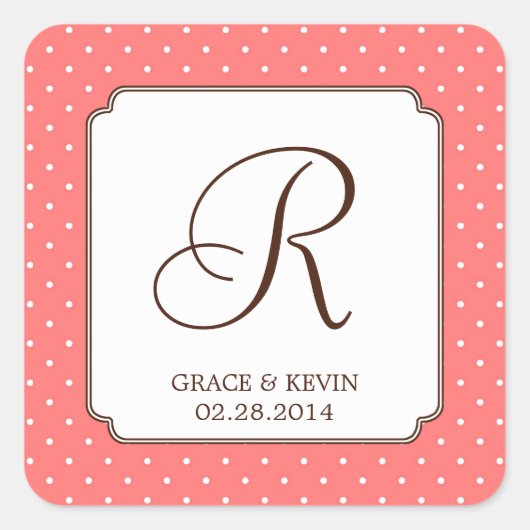 Roze polka dot single monogram letter, aangepast vierkante sticker (Voorkant)