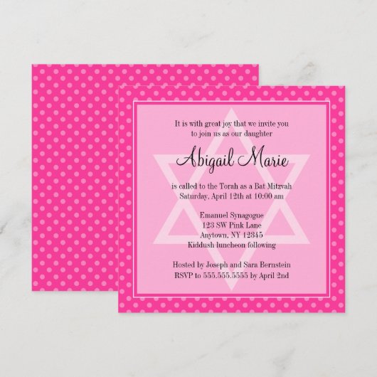 Roze Polka Dot Star van David Bat Mitzvah Square Kaart (Voorkant / Achterkant)