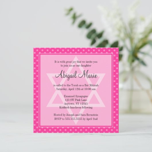 Roze Polka Dot Star van David Bat Mitzvah Square Kaart (Staand voorkant)
