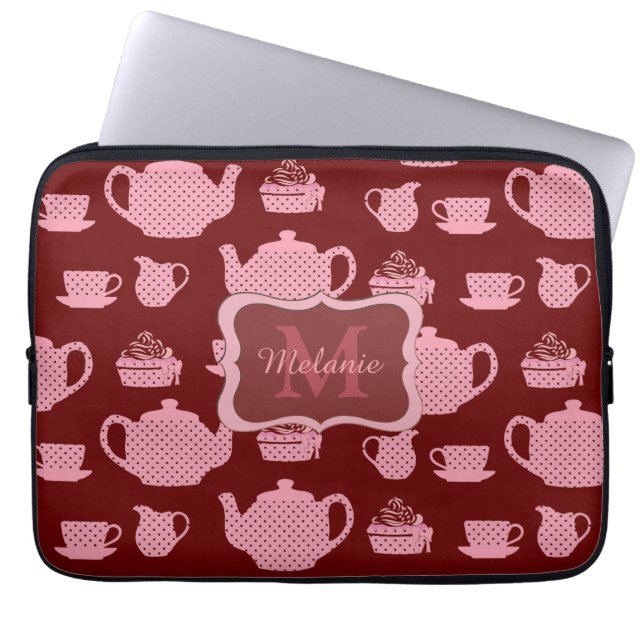 Roze Polka Dot Tea Set Burgundy Persoonlijk Laptop Sleeve (Voorkant)