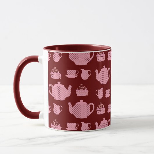 Roze Polka Dot Tea set on Burgundy Mok (Links)