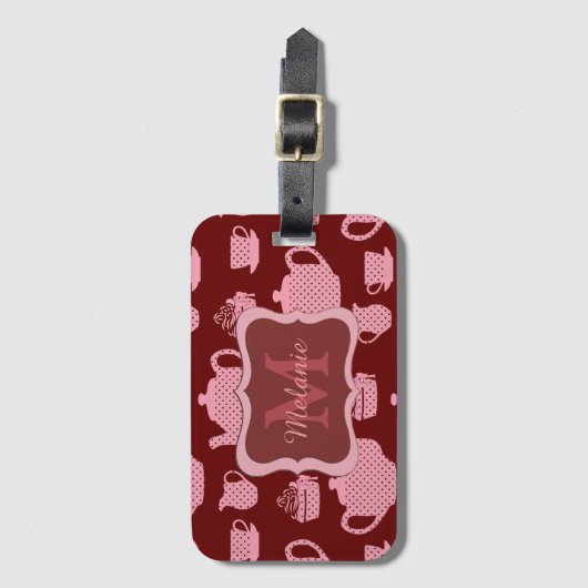 Roze Polka Dot Tea set on Burgundy Personalized Bagagelabel (Voorkant (verticaal))