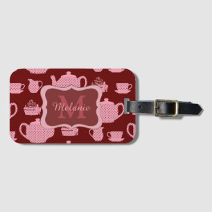 Roze Polka Dot Tea set on Burgundy Personalized Bagagelabel