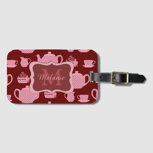 Roze Polka Dot Tea set on Burgundy Personalized Bagagelabel (Voorkant (horizontaal))
