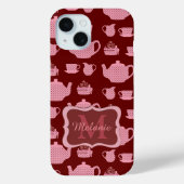 Roze Polka Dot Tea set on Burgundy Personalized Case-Mate iPhone Case (Achterkant)