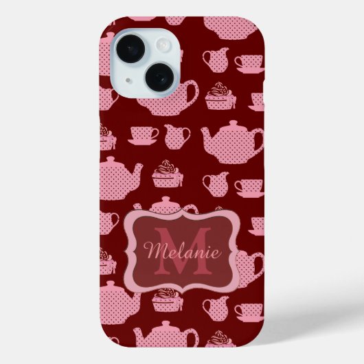 Roze Polka Dot Tea set on Burgundy Personalized Case-Mate iPhone Case (Achterkant)