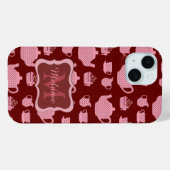 Roze Polka Dot Tea set on Burgundy Personalized Case-Mate iPhone Case (Achterkant (horizontaal))