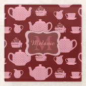 Roze Polka Dot Tea set on Burgundy Personalized Glazen Onderzetter (Voorkant)