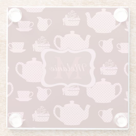 Roze Polka Dot Tea set on Burgundy Personalized Glazen Onderzetter (Achterkant)