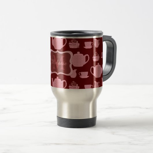 Roze Polka Dot Tea set on Burgundy Personalized Reisbeker (Voorkant rechts)