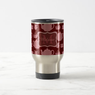 Roze Polka Dot Tea set on Burgundy Personalized Reisbeker