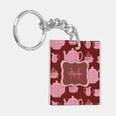 Roze Polka Dot Tea set on Burgundy Personalized Sleutelhanger (Voorkant Links)