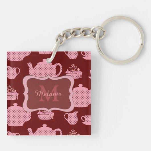 Roze Polka Dot Tea set on Burgundy Personalized Sleutelhanger (Achterkant)