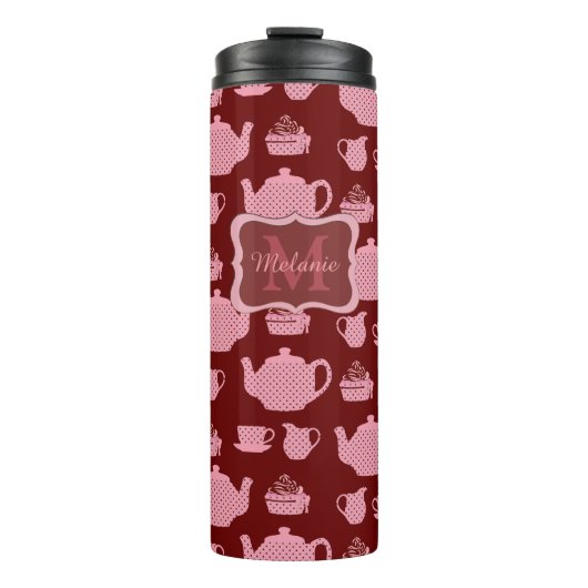 Roze Polka Dot Tea set on Burgundy Personalized Thermosbeker (Voorkant)