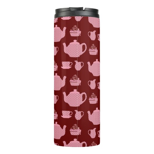 Roze Polka Dot Tea set on Burgundy Personalized Thermosbeker (Achterkant)