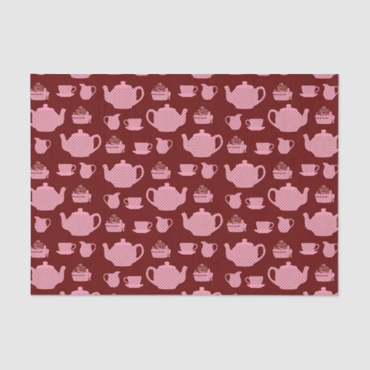 Roze Polka Dot Tea set on Burgundy Tissuepapier (Voorkant)