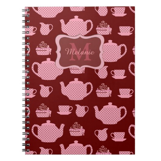 Roze Polka Dot Tea Set op Bourgogne Gepersonalisee Notitieboek (Voorkant)