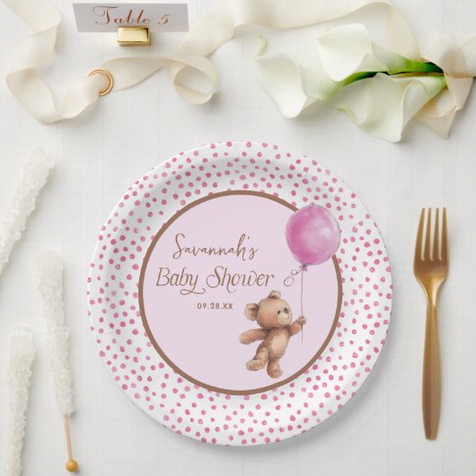 Roze Polka Dot Teddy Bear Baby shower Papier Bord (Huwelijk)