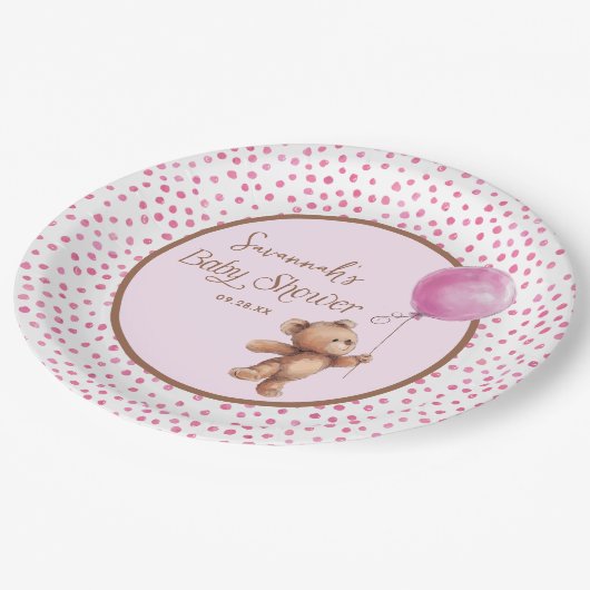 Roze Polka Dot Teddy Bear Baby shower Papier Bord (Gekanteld)